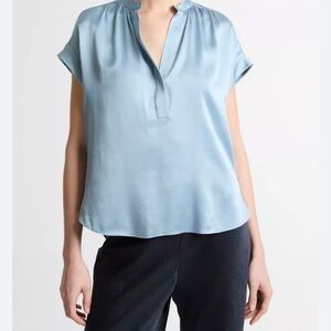 Vince Light Blue Split V-Neck Cap Sleeve Silk Blouse medium